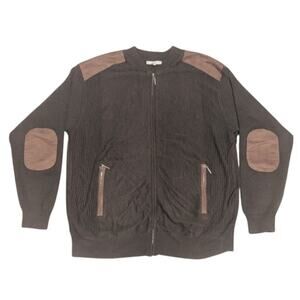 Silver Silk Sweater Mens Size XXL Knit Elbow Patches Dark Brown Zip up